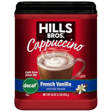 Hills Bros. Cappuccino Mix – Rich, Frothy Coffeehouse-Tasting Instant Drink Mix – Quick and Easy Preparation – Perfect for Hot & Iced Drinks & Creaming Coffee – Decaf French Vanilla, 1 Pack of 16oz