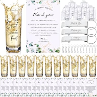 Sliner 100 Sets Wedding Favors for Guests Bulk 2oz Acrylic Personalized Shot Glasses with Bottle Opener Keychain Thank You Cards Organza Bags for Guest Wedding Gifts Newlyweds Bridal Shower Party