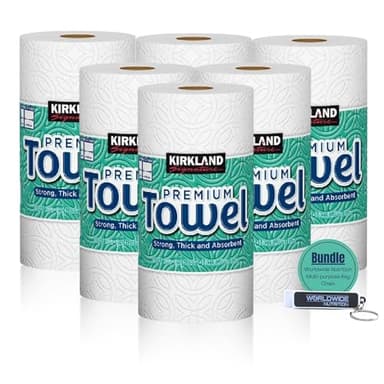 Worldwide Nutrition Bundle, Compatible with Kirkland Premium Paper Towels, Strong, Thick, and Absorbent Bulk Paper Towels 6 Rolls, 160 Sheets Per Roll 2-Ply and Multi-Purpose Key Chain, White