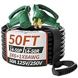 PlugSaf 50 FT 50 Amp RV/EV Extension Cord Outdoor, 4 Prong Flexible Heavy Duty 6/3+8/1 Gauge STW RV Power Cord Waterproof with Organizer, NEMA 14-50P to 14-50R, Black-Green, ETL Listed