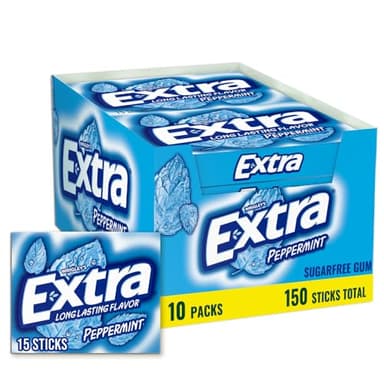 Extra Gum Peppermint Chewing Gum Bulk, Individually Wrapped, Perfect for Fresh Breath at School, Work, and Travel, 15 Count (Pack of 10)