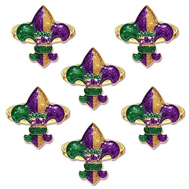 6PCS Mardi Gras Napkin Rings, Glitter Mask Fleur De Lis Napkin Ring for Table Setting, Fat Tuesday Napkin Holder Rings Masquerade Party Serviette Buckles Table Decor (Mardi Gras 4)