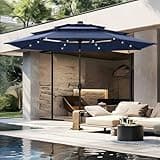 PHI VILLA 10ft Patio Umbrella with Light, Outdoor Large Auto-Tilt 3 Tier Market Table Umbrellas with 8 Sturdy Ribs and 1.5" Pole for Lawn Poolside Garden Terrace,Navy Blue