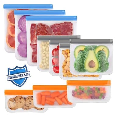 Lerine 10 Pack Dishwasher Safe Reusable Bags, Leakproof Reusable Freezer Bags, BPA Free Food Storage Bags for Marinate Food Travel - 3 Gallon 4 Sandwich 3 Snack
