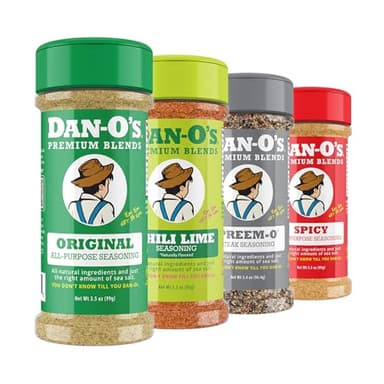Dan-O's Taste of Summer” Small Seasoning 4 pack - Spicy (3.5 oz), Original (3.5 oz), Preem-O (3.4 oz), Chili Lime (3.3 oz)