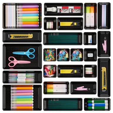 Vtopmart 25 PCS Office Desk Drawer Organizers Set, 4-Size Versatile Plastic Drawer Organizer Trays, Storage Bins for Desk Accessories Office Organizers and Storage, Bathroom, Makeup, Vanity, Black