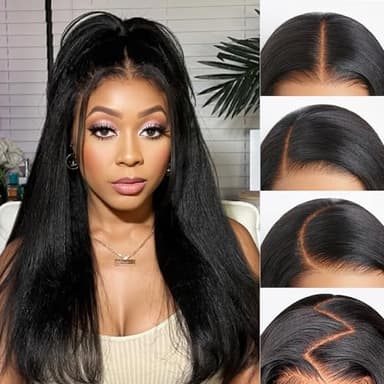 Yaki Straight Layered Wigs Black Yaki Lace Front Wig for Black Women 13X6 HD Lace Long Straight Synthetic Wigs Blow Out Hair for Daily or Events Salon-trimmed Hairstyle