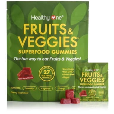 Fruits & Veggies Sugar-Free Gummies - 27 Whole Foods - Equals 3 Servings of Fruits & Vegetables - Improve Energy, Focus & Immune Function - Fiber - Antioxidants - Organic Ingredients - 14 Packets