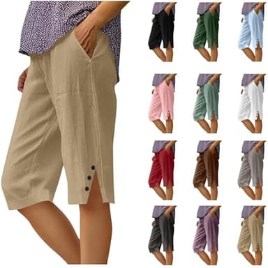 Bermuda Shorts for Women Knee Length,Womens Shorts Dressy Casual,Women Linen Short for Seniors,Plus Size Elastic Waisted Side Split Button Down Khaki Short