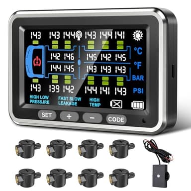 NLNE Tire Pressure Monitoring System 8 Sensors/4.5" RV TPMS with Flow Thru Sensors 0-199PSI/6 Alerts Monitor for Trailer/Truck/Camper/5th Wheel,Signal Booster/No Removal Inflation