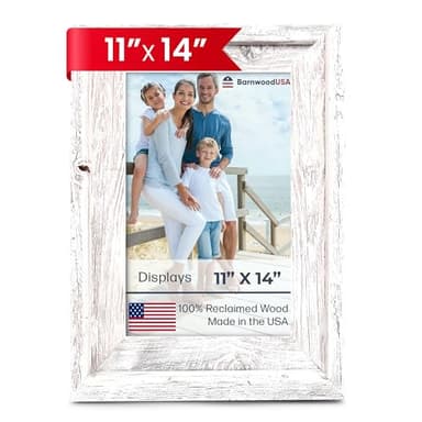 Farmhouse Style Rustic Picture Frame - Reclaimed Wood Photo Frame – Signature Wall Picture Frames for Living Room, Bedroom, Office Display - Wooden Frames for Décor Made in USA White Wash 11" x 14"