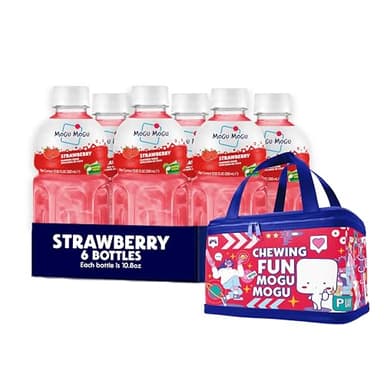 Mogu Mogu Strawberry Juice Drink (6 Bottles) with Limited Edition Cooler Bag – Chewy & Fun Strawberry Juice with Nata de Coco | Refreshing Drink for Kids & Adults | Ready to Drink Beverage Set