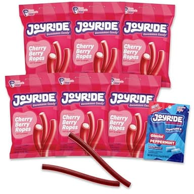 JOYRIDE Cherry Berry Ropes - 3.5 oz 6-Pack Bundle with 2.5oz Glacial Peppermint Gum, Tart Cherry Licorice, Low Calorie Candy, Low Sugar & Low Carb, Fiber Snack (7 Items)