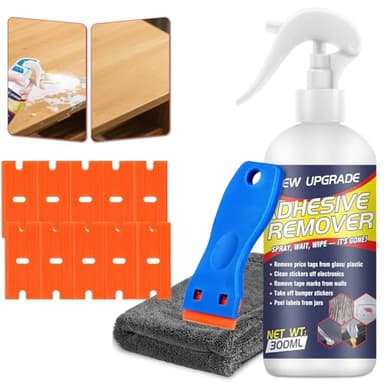 Adhesive Remover Spray, 10.14Floz Car Sticker Remover Spray, Super Glue Remover, Rapid Remover Glue Gone with Plastic Razor Blade Scraper, Window Tint Removal Kit for Labels, Decals, Tape Residue, Gum