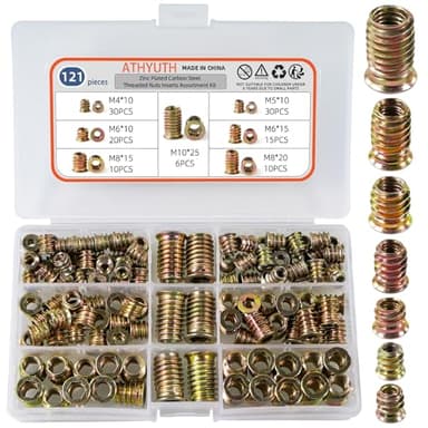Threaded Inserts for Wood, 121 Pieces Zinc Plated Steel Thread Insert Nuts Assortment kit for Hardwoods, Hex Socket Flanged Threaded Wood Inserts M4 M5 M6 M8 M10 Screw Inserts for Wooden Furniture
