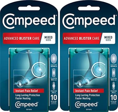 Compeed Advanced Blister Care Pads, Hydrocolloid Gel Cushions for Instant Pain Relief and Faster Healing, Mixed Sizes, 10 Count (2 Packs)