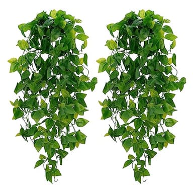 BLEUM CADE Fake Hanging Plants, 2pcs Artificial Pothos Vines Faux Plants Greenery for Wall Home Living Room Office Indoor Outdoor Decor (No Baskets)