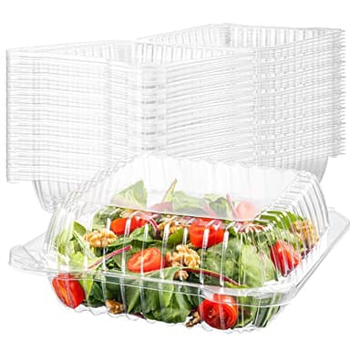 50 Clear Plastic Containers, 8" X 8" X 3" Hinged Lid Togo Clamshell Food Containers for Food, Strawberry Boxes, Bakery Supplies, Cake, Cookie, Dessert, Salad, Treat Boxes