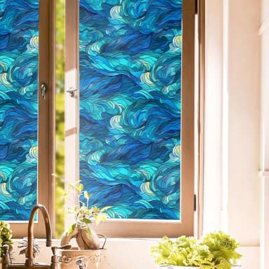 16“x118 Abstract Blue Seawave Ocean Double Side Window Films Art Decorative Privacy Tinting Film Self-Adhesive Static Glass Window Clings Stickers for Living Room Bathroom Glass Decor