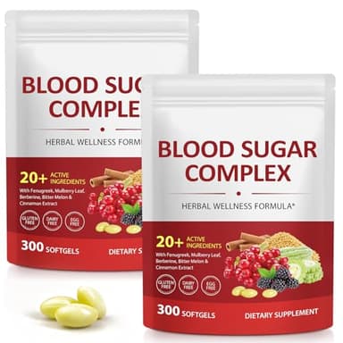 2Pack/300 Softgels Blood Sugar Complex Supplement | 20+ Active Natural Herbs-Cinnamon, Bitter Melon, Mulberry Leaf, Fenugreek, Berberine, Vitamins for Energy Level, Vitality Support | Clean