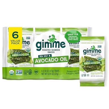 Gimme Seaweed Organic Premium Roasted Seaweed Snacks, Sea Salt & Avocado Oil, 6 Count, Keto, Vegan, Gluten-Free, Great Source of Omega3s and Iodine, Healthy On-The-Go Snack for Kids and Adults