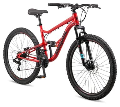 Mongoose Status Mountain Bike, 27.5 Inch Bike for Men and Women, 21 Speed, Aluminum Suspension Frame, Steel Rear Triangle, Dual Suspension, Knobby Mountain Tires, Mechanical Disc Brakes, Adult Bicycle