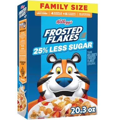 Kellogg's Frosted Flakes 25% Less Sugar Breakfast Cereal, Family Size, 20.3oz Box (1 Box)