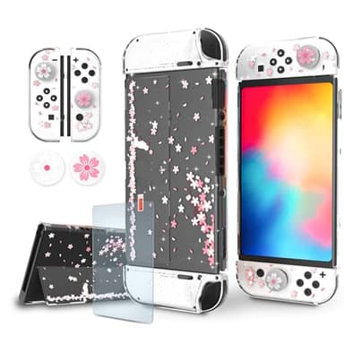 Cute Switch OLED Case – Dockable Glitter Clear Protective Cover with Cherry Blossom Design, Tempered Glass Screen Protector & Thumb Grips for Nintendo Switch OLED
