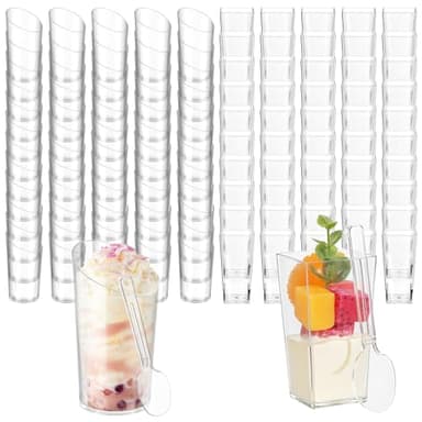 200 Pcs Mini Dessert Cups with Spoons Include 3 oz Square Plastic Appetizer Cups 2.5 oz Slanted Round Parfait Shooter Cup Small Clear Mousse Pudding Cup for Wedding Baby Shower Graduation Party