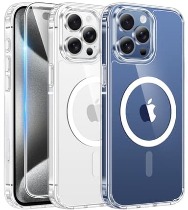 FNTCASE for iPhone 15 Pro-Max Case: Clear Magnetic Phone Cases with Screen Protector Compatible with Magsafe Slim Anti Yellowing Rugged Shockproof Protective Transparent Cell Cover (A-Clear)