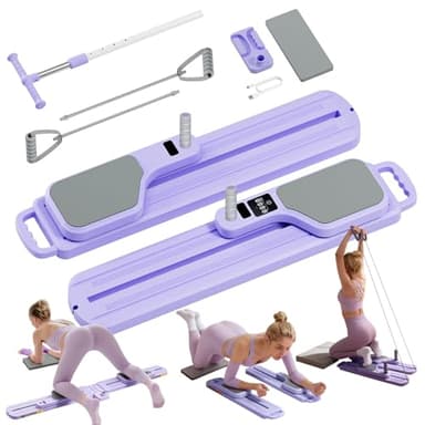 Pilates Board, Pilates Reformer, Portable Pilates Reformer, Pilates Board for Home Workout, 9 in 1 Foldable Pilates Equipment with Timer & Resistance Band, Fitness, Exercise, Ab, Core (Purple)