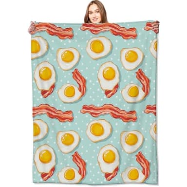 VODRM Bacon and Egg Blanket Fried Eggs and Crispy Bacons Fruit Throw Blankets with Blue Polka Dot,Birthday Gifts for Kids Adult,Lightweight Soft Fleece,for Sofa Couch Bed Room Art Decor 50x60in