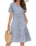 Zeagoo Women's Dresses Petite Dresses T Shirt Floral Dress Summer Dress with Sleeves Cotton Midi A-Line Dress Hawaiian Dresses,Blue White Floral,S