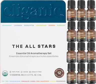 Cliganic Organic Aromatherapy TOP 12 Essential Oils Set, 100% Pure - Peppermint, Lavender, Eucalyptus, Tea Tree, Lemongrass, Rosemary, Frankincense, Orange, Lemon, Cassia, Cedarwood & Grapefruit