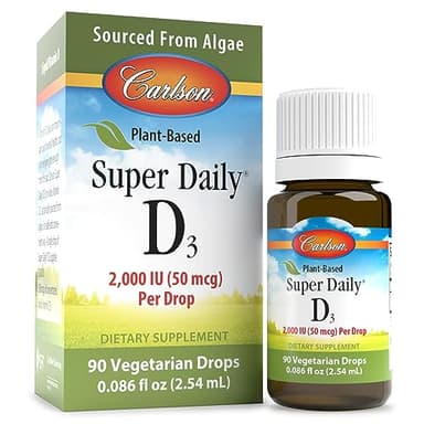 Carlson - Plant-Based Super Daily D3 2000 IU (50 mcg) per Drop, Vegetarian Vitamin D Drops, Liquid Vitamin D3, Sourced from Algae, Unflavored, 90 Drops (2.54 mL)