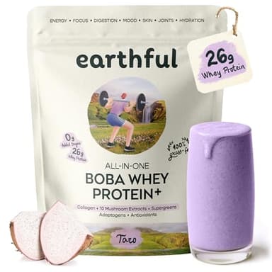 EARTHFUL Boba Whey Protein 26g Grass-Fed Whey & Collagen, Boba Tea with Supergreens, 10 Mushrooms, Adaptogens, Nootropics, No Added Sugar Meal Replacement, 20 Servings (20 Servings, Superior Taro)