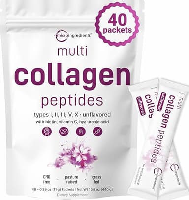 Micro Ingredients Multi Collagen Peptides Powder, 40 Stick Packs | Type I, II, III, V, X + Biotin, Vitamin C & Hyaluronic Acid | Unflavored | Supports Hair, Skin & Joint Health | Keto, Non-GMO