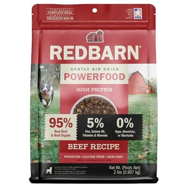 Redbarn Powerfood Air Dried Dog Food - 95% Beef & Beef Organs - High Protein Grain-Free Non-GMO Premium Dry Full Feed or Topper Made in USA with Omega 3 Salmon Oil Flaxseed - 2lb