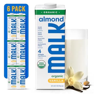 MALK Almond Milk Unsweetened Vanilla (32oz, Pack of 6) - Shelf Stable Organic Almond Milk Vanilla, Non GMO, Whole 30, Dairy Free, Vegan, Plant Based, No Gums or Fillers - Lattes Cereal Coffee Creamer