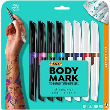 BIC BodyMark Temporary Tattoo Markers for Skin, Artist's Set, Mixed Tip, 8-Count Pack of Assorted Colors, Skin-Safe*, Cosmetic Quality