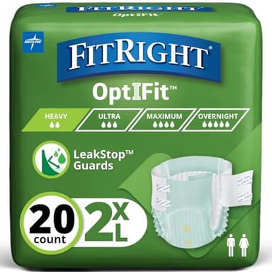 FitRight Extra+ Adult Diapers, Disposable Incontinence Briefs, Leak-Proof Diaper, Absorbent Briefs for Men and Women, Maximum Protection, 2XL, 60 – 70 in, 20 Briefs per Bag