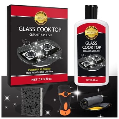 Meuvcol Glass Stove Top Cleaner Kit, 12 Oz Glass Cooktop Cleaner Non-Abrasive, Stove Oven Cleaner & Polish For Ceramic, Electric, Induction, Flat Top Stovetop, Gas - With Scrubbing Pad, Scraper, Cloth