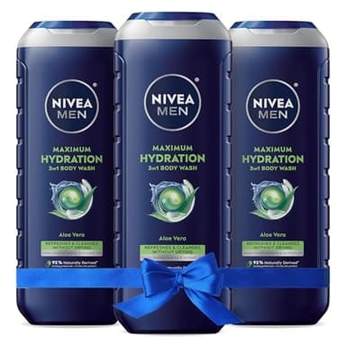 Nivea Men Maximum Hydration Body Wash for Dry Skin, Aloe Vera Enriched, 3-in-1 Moisturizing Body Wash, Face and Hair, Paraben Free, Vegan Formula, 16.9 Fl Oz Bottle, Pack of 3