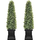 3.5ft Boxwood Outdoor Topiary Set of 2, Tall All Year Green Fake Plant Topiary Trees Artificial Outdoor Porch Trees with Sturdy Pot for Outdoor Indoor (Square)