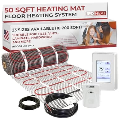 LuxHeat 50sqft Floor Heating Mat Kit - 120v Electric Heating Mat System - Complete Electric Radiant Heated Flooring System Includes Alarm, UDG4 Programmable Thermostat w/GFCI & Floor Sensor