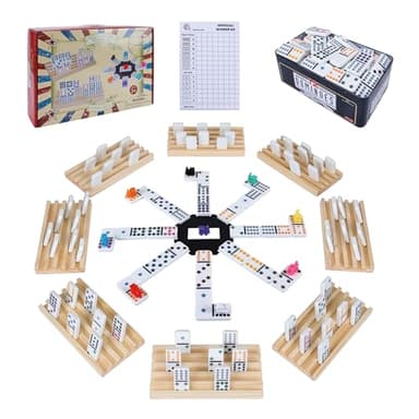 Gonoelec Double 12 Mexican Train Dominoes Set for Adults with 8PCS Wooden Holders, 9 Train Markers, 91 Color Dot Tile Dominos in Tin Box & Hub - Classic Family Board Game Set Party Toy Gift for Kids