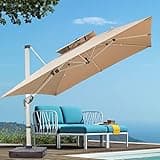 10 x 10 FT Square Cantilever Umbrella with Cross Base and Cover Included - 360° Rotation Offset Patio Umbrella Large Heavy Duty Outdoor Umbrella with Easy Tilt for Pool Backyard Deck Garden, Khaki