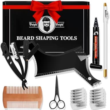 Beard Shaper for Men Beard Shaping Tools - Gifts for Men Beard Template Guide, Straight Edge Razor, 10 PCS Double Edge Blade, Barber Pencil, Beard Comb, Stainless Steel Scissor Mustache Lineup Tools