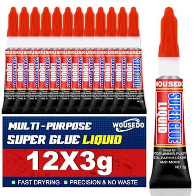 WOUSEDO 12 X 3g Super Glue Liquid, Clear Strong Adhesive,Fast Drying Cyanoacrylate Glue for Wood, Rubber, Leather, Plastic, Metal, DIY Crafts and More