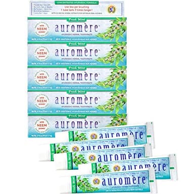 Auromere Ayurvedic Herbal Neem & Clove Toothpaste - All Natural Fluoride Free Toothpaste for Adults and Kids, Suitable for Sensitive Teeth, SLS-Free, Non GMO, Vegan, Cruelty-Free - Fresh Mint, 5 Pack